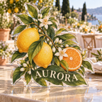Artwork visualization: Citrus garden wedding — thank you gift, personalized AURORA, subject-shaped acrylic with printed optical 3D depth; not carved relief.