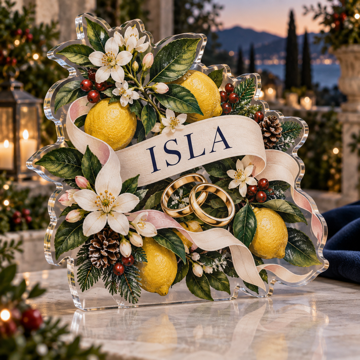 Artwork visualization: Citrus garden wedding — photo corner decoration, personalized ISLA, subject-shaped acrylic with printed optical 3D depth; not carved relief.