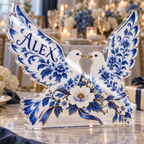 Artwork visualization: Blue porcelain wedding — thank you gift, personalized ALEX, subject-shaped acrylic with printed optical 3D depth; not carved relief.