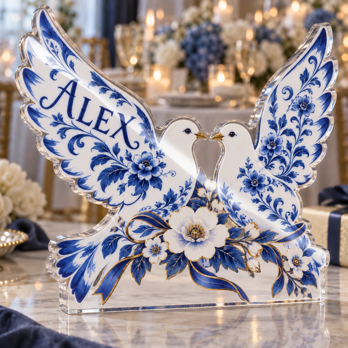 Artwork visualization: Blue porcelain wedding — thank you gift, personalized ALEX, subject-shaped acrylic with printed optical 3D depth; not carved relief.