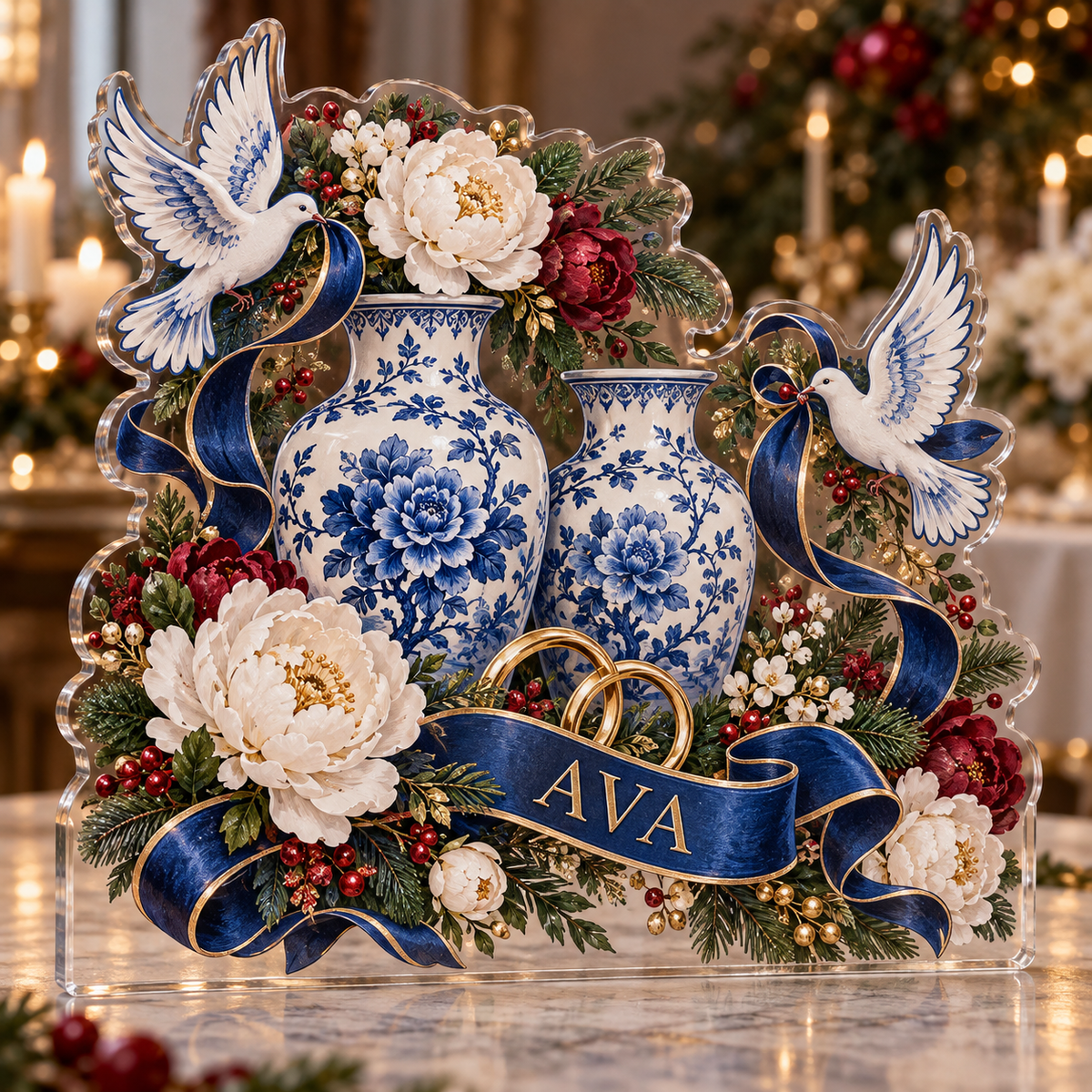 Artwork visualization: Blue porcelain wedding — photo corner decoration, personalized AVA, subject-shaped acrylic with printed optical 3D depth; not carved relief.