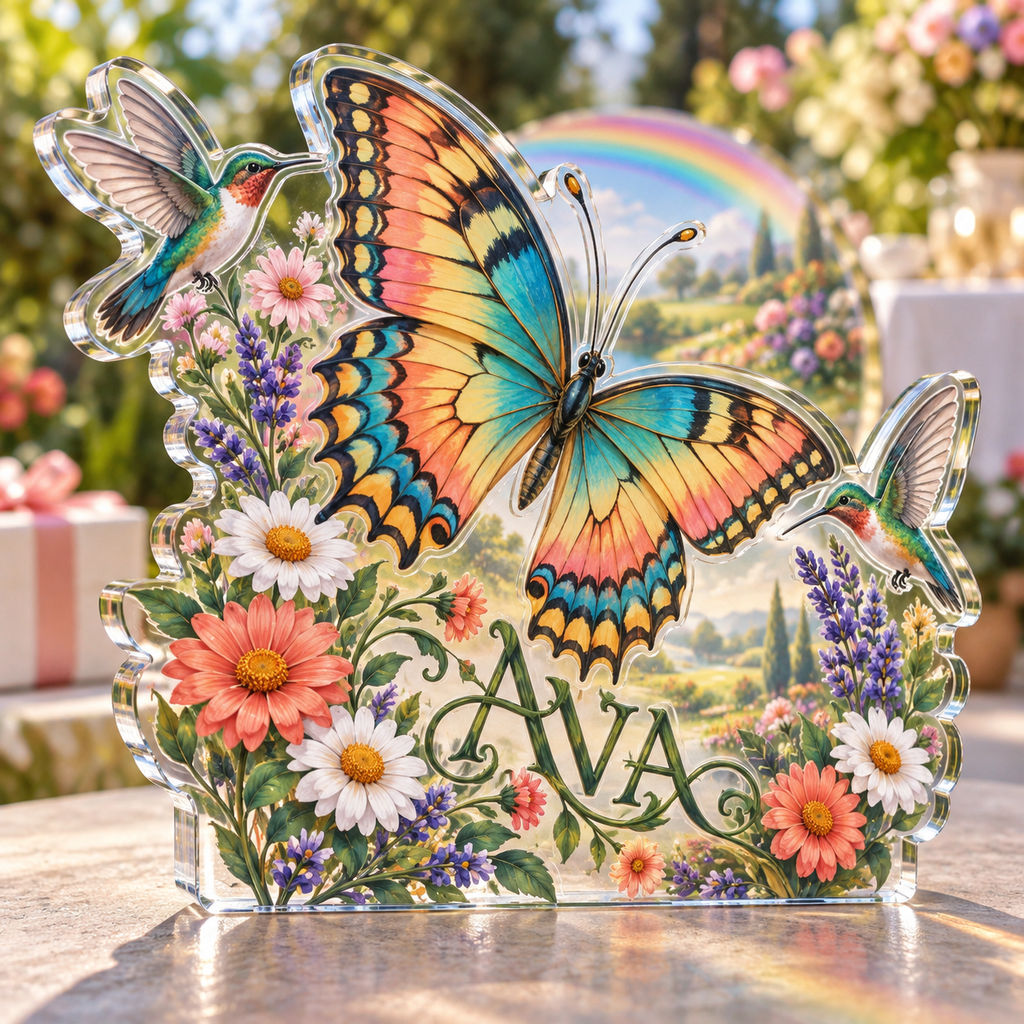 Artwork visualization: Rainbow garden celebration — thank you gift, personalized AVA, subject-shaped acrylic with printed optical 3D depth; not carved relief.