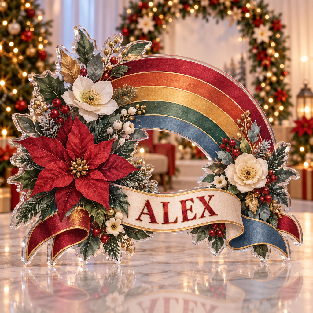 Artwork visualization: Rainbow garden celebration — photo corner decoration, personalized ALEX, subject-shaped acrylic with printed optical 3D depth; not carved relief.