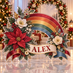 Artwork visualization: Rainbow garden celebration — photo corner decoration, personalized ALEX, subject-shaped acrylic with printed optical 3D depth; not carved relief.