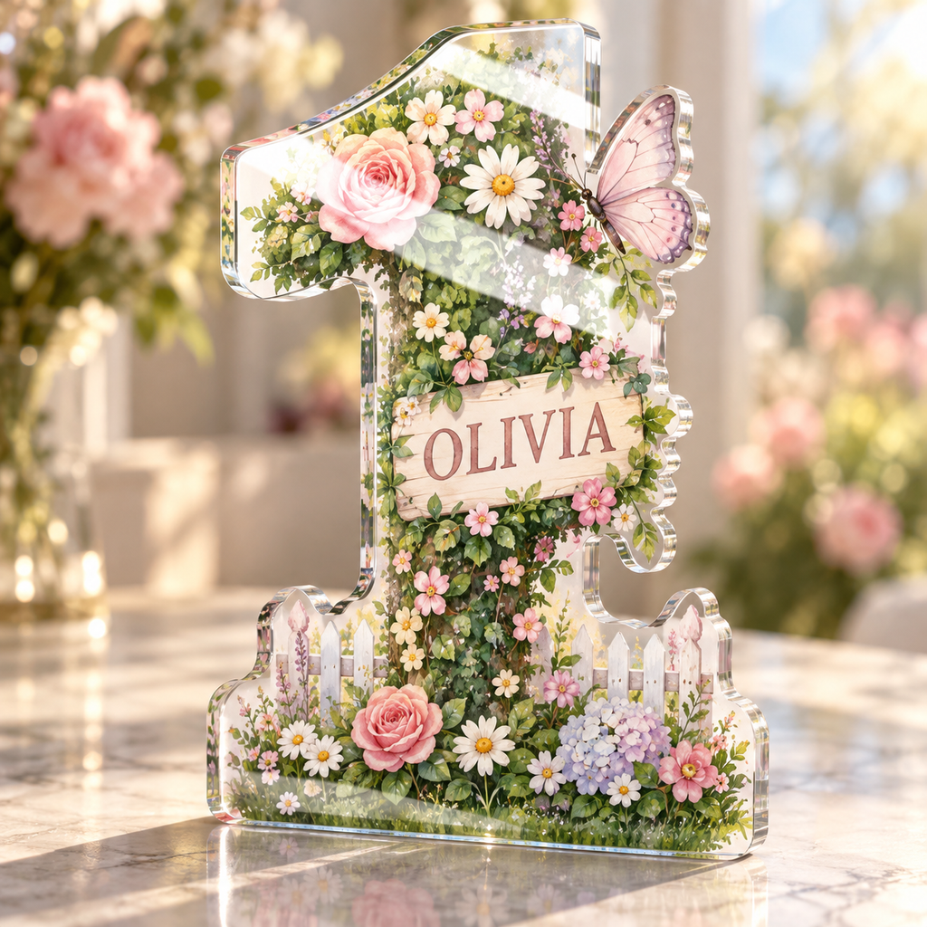 Artwork visualization: First birthday garden — thank you gift, personalized OLIVIA, subject-shaped acrylic with printed optical 3D depth; not carved relief.