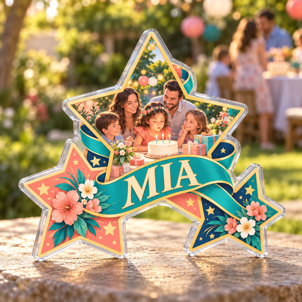 Personalized acrylic plaque with an example name set into the artwork, digital preview