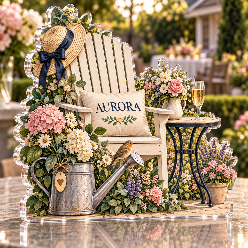 Artwork visualization: Retirement garden party — thank you gift, personalized AURORA, subject-shaped acrylic with printed optical 3D depth; not carved relief.