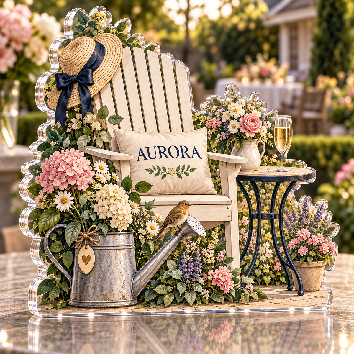Artwork visualization: Retirement garden party — thank you gift, personalized AURORA, subject-shaped acrylic with printed optical 3D depth; not carved relief.