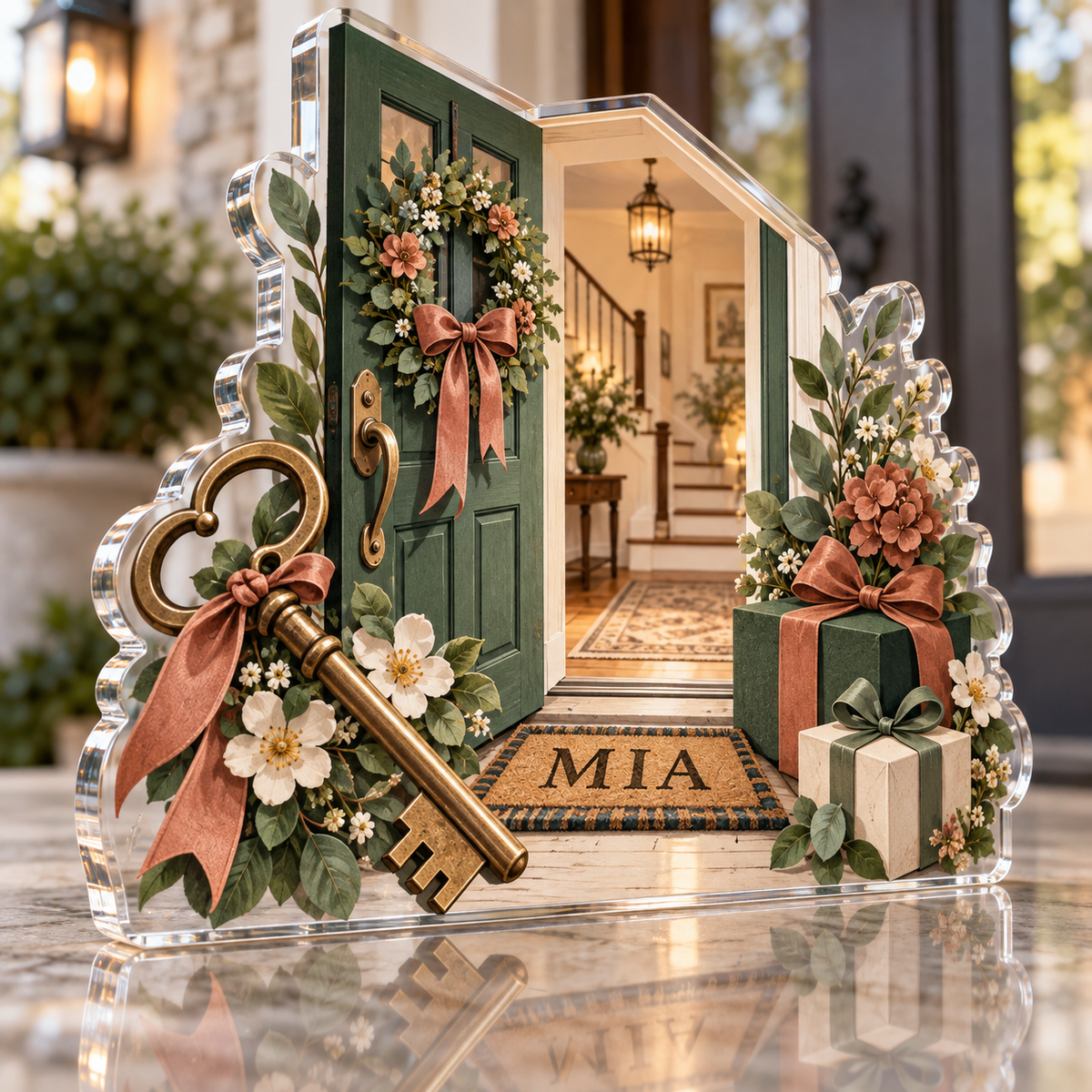 Artwork visualization: Housewarming open house — thank you gift, personalized MIA, subject-shaped acrylic with printed optical 3D depth; not carved relief.