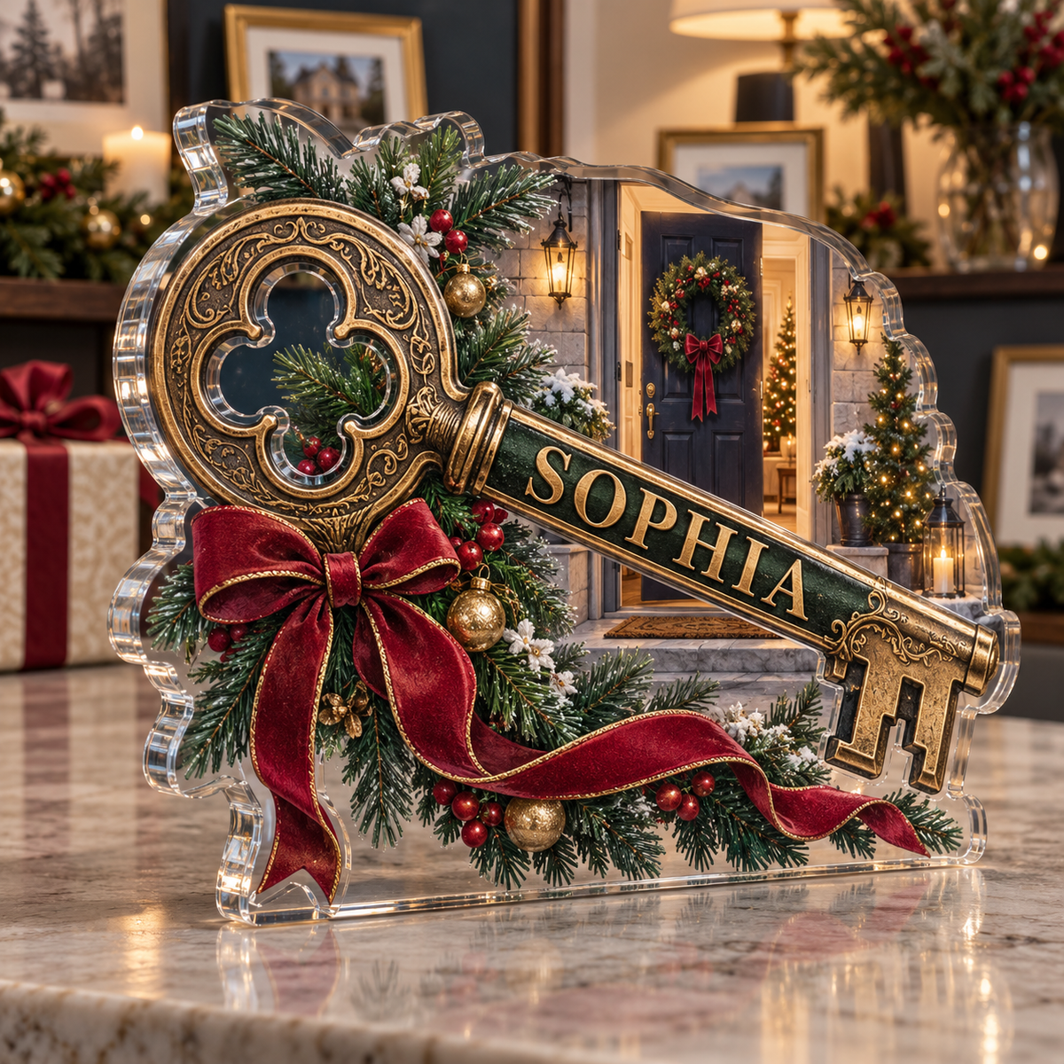 Artwork visualization: Housewarming open house — photo corner decoration, personalized SOPHIA, subject-shaped acrylic with printed optical 3D depth; not carved relief.
