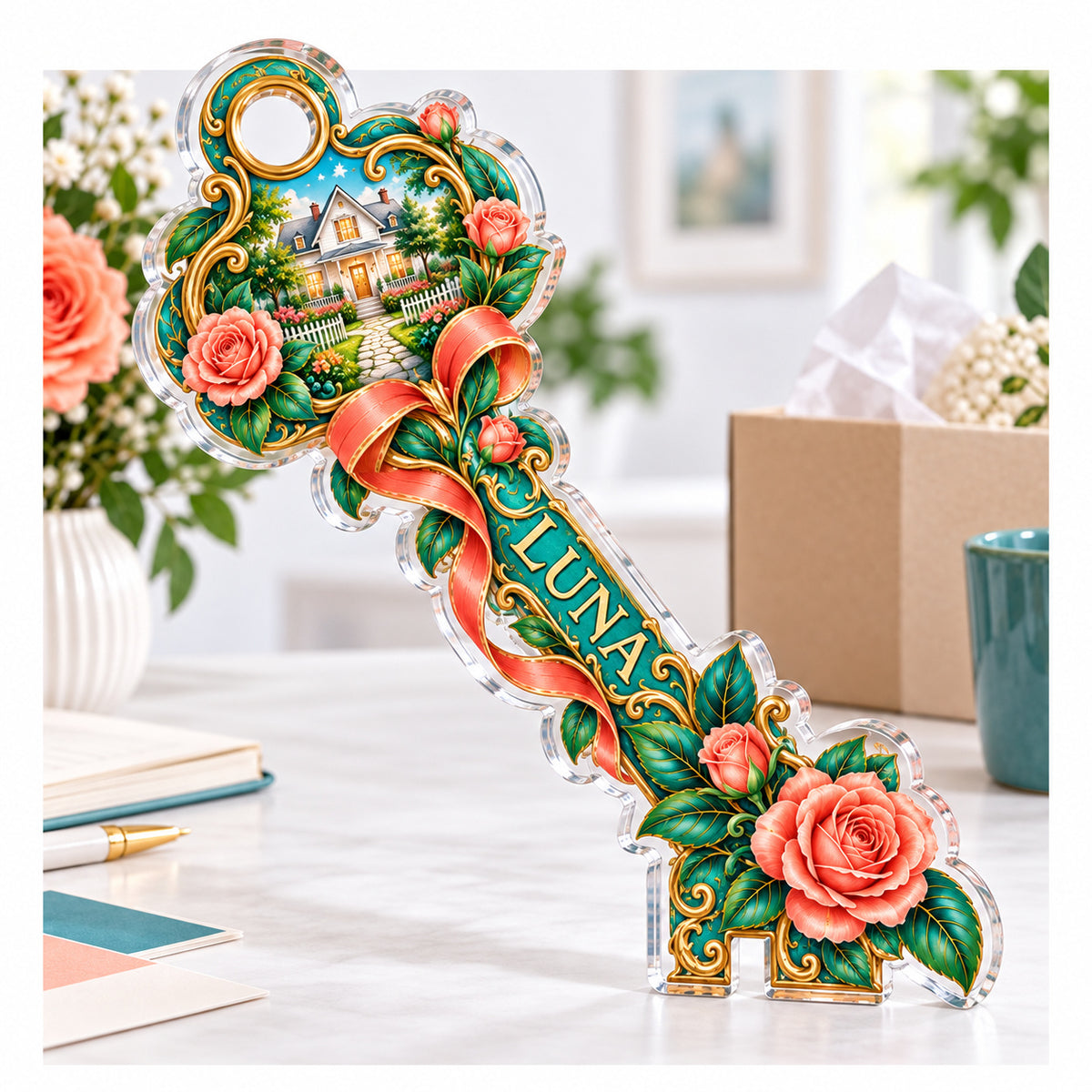 Personalized acrylic plaque with an example name set into the artwork, digital preview