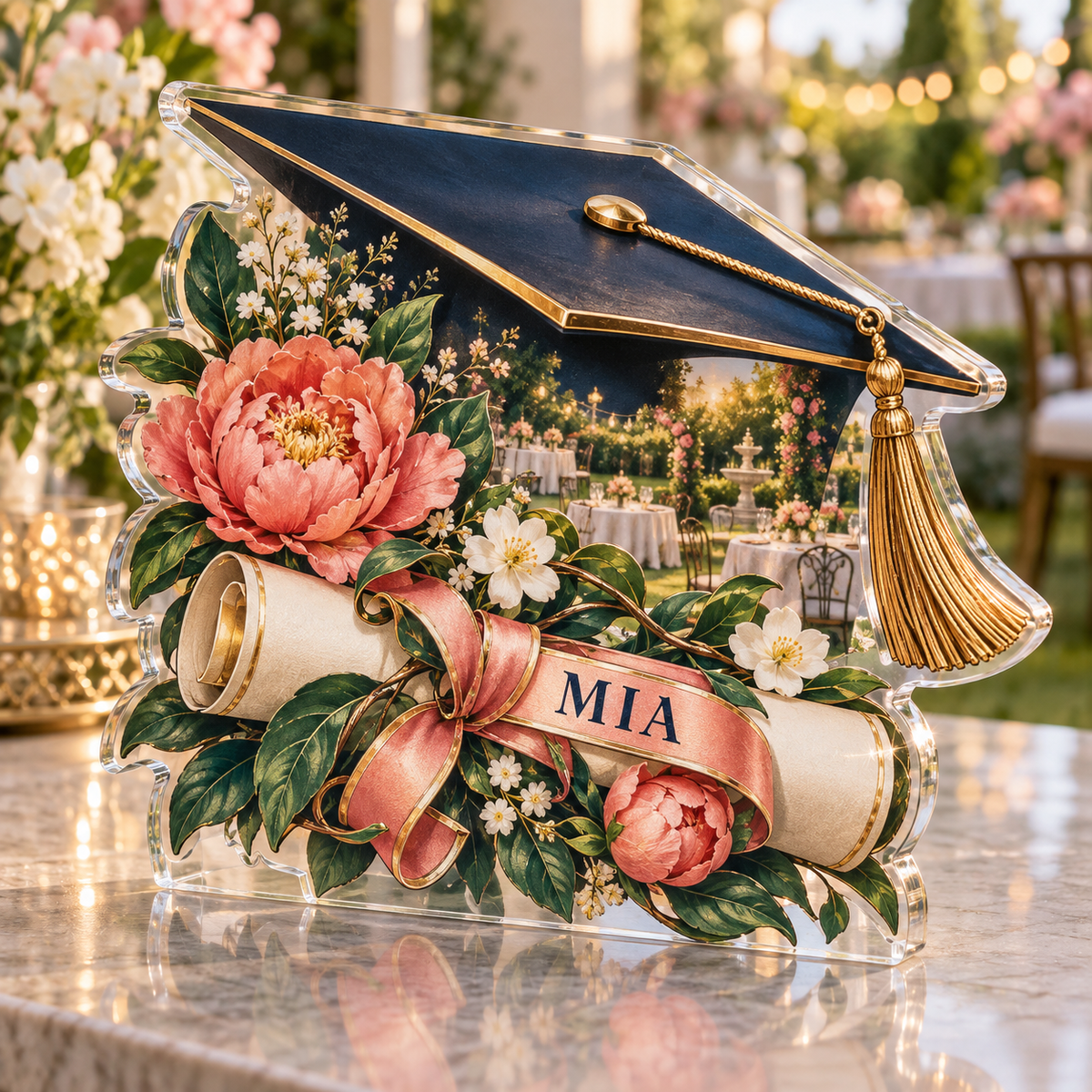 Artwork visualization: Graduation garden party — thank you gift, personalized MIA, subject-shaped acrylic with printed optical 3D depth; not carved relief.