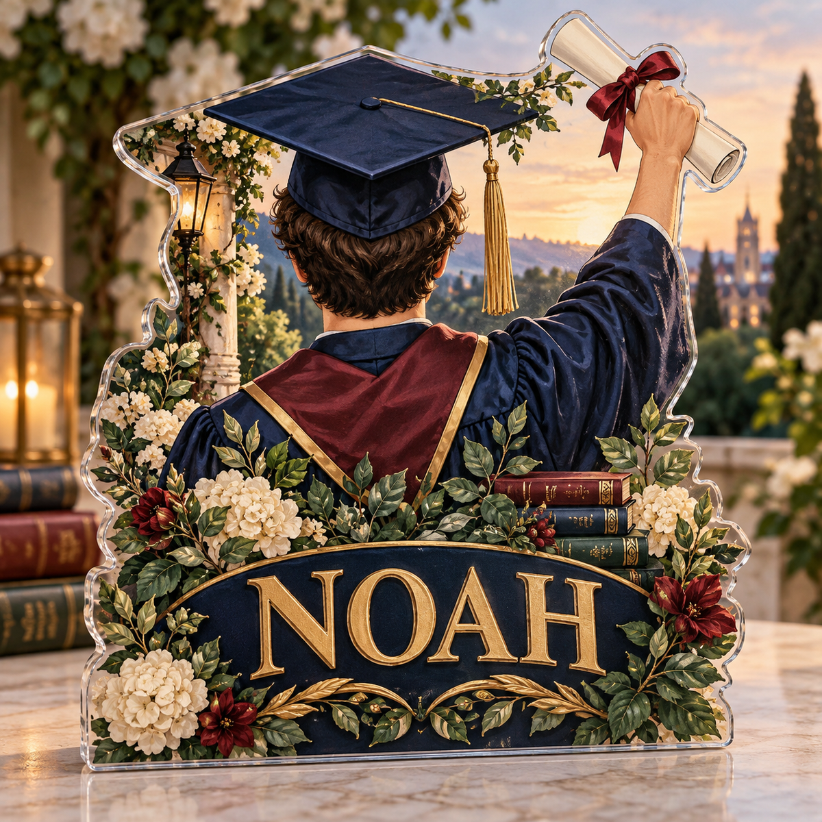 Artwork visualization: Graduation garden party — celebration sofa keepsake, personalized NOAH, subject-shaped acrylic with printed optical 3D depth; not carved relief.