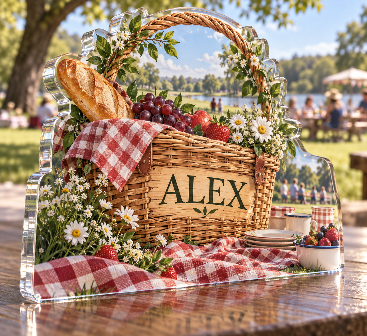 Artwork visualization: Family reunion picnic — thank you gift, personalized ALEX, subject-shaped acrylic with printed optical 3D depth; not carved relief.