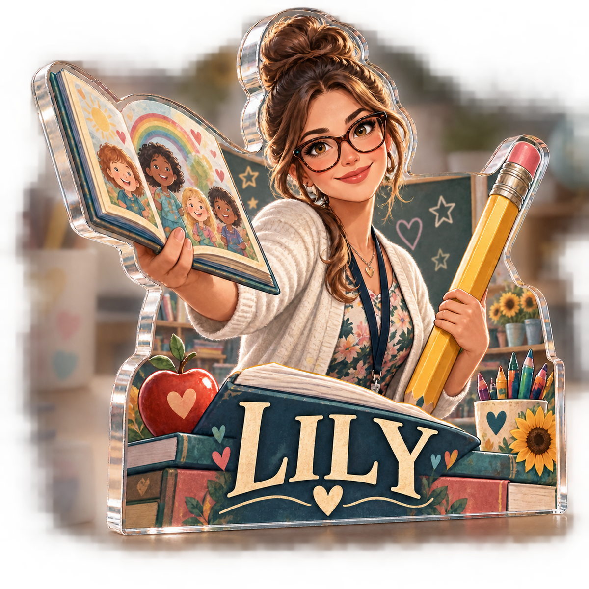 Artwork visualization: Elementary teacher — professional desk identity, personalized LILY, subject-shaped acrylic with printed optical 3D depth; not carved relief.