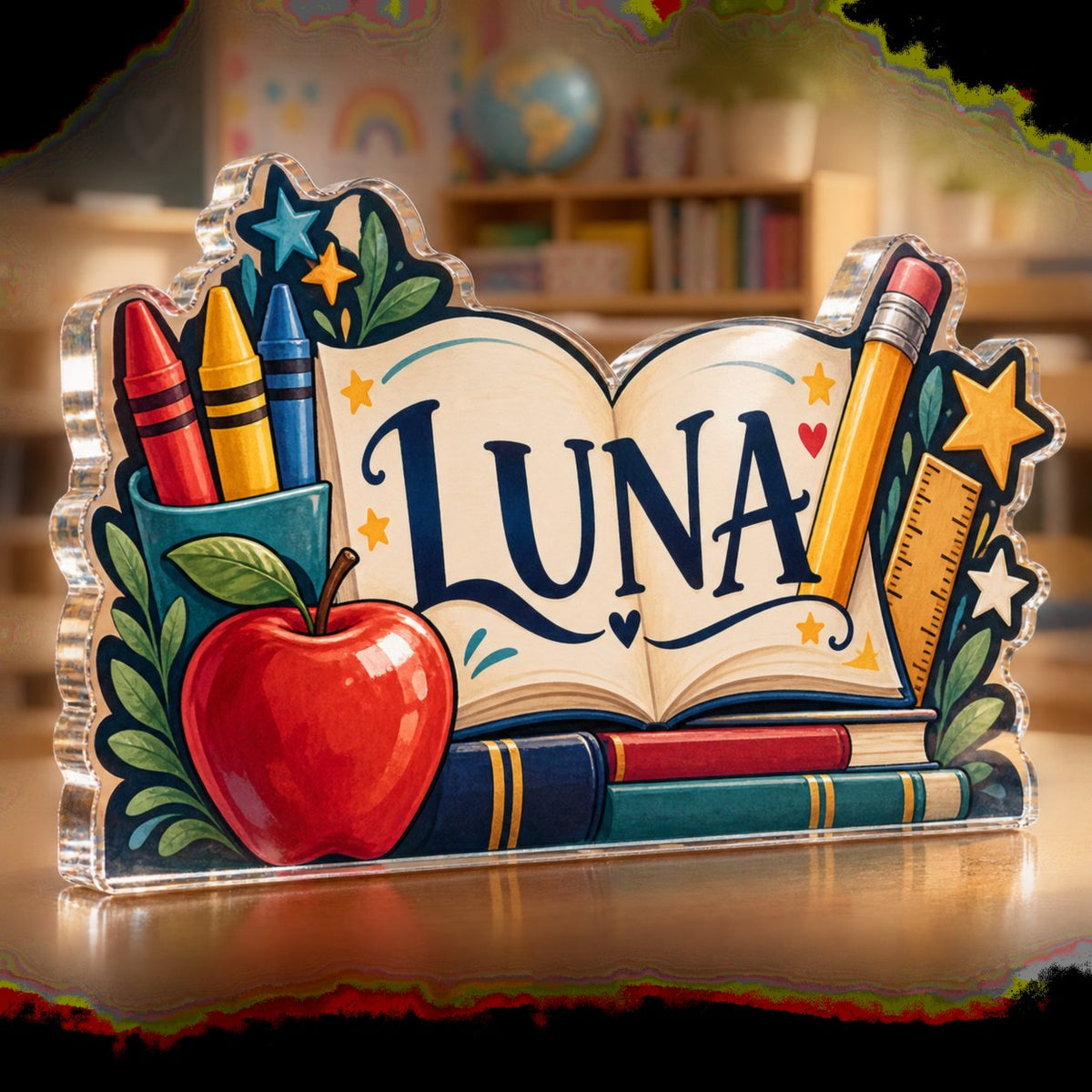 Personalized Elementary Teacher Appreciation Gift custom shape acrylic plaque with an example name set into the artwork, digital preview