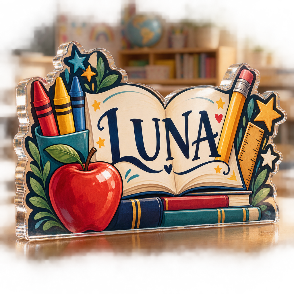 Artwork visualization: Elementary teacher — appreciation gift, personalized LUNA, subject-shaped acrylic with printed optical 3D depth; not carved relief.