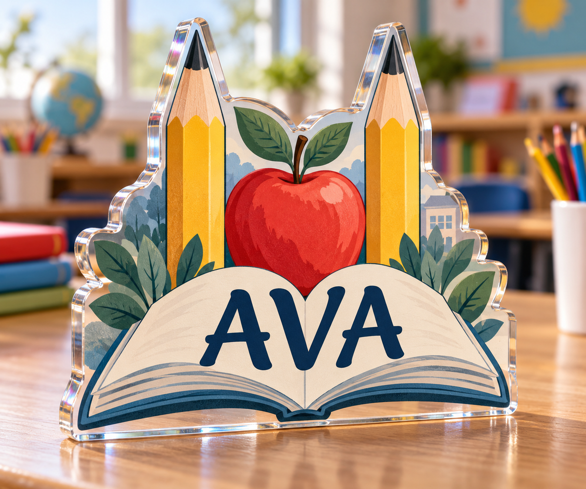 Artwork visualization: Elementary teacher — new job celebration, personalized AVA, subject-shaped acrylic with printed optical 3D depth; not carved relief.
