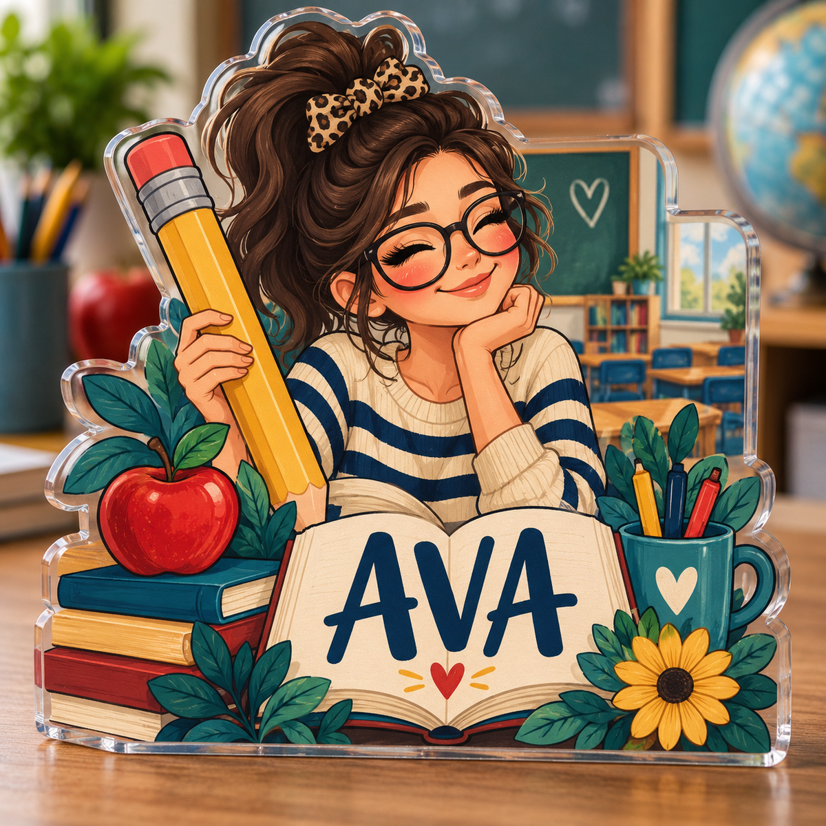 Artwork visualization: Elementary teacher — everyday professional humor, personalized AVA, subject-shaped acrylic with printed optical 3D depth; not carved relief.