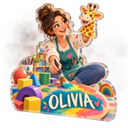 Artwork visualization: Kindergarten teacher — professional desk identity, personalized OLIVIA, subject-shaped acrylic with printed optical 3D depth; not carved relief.