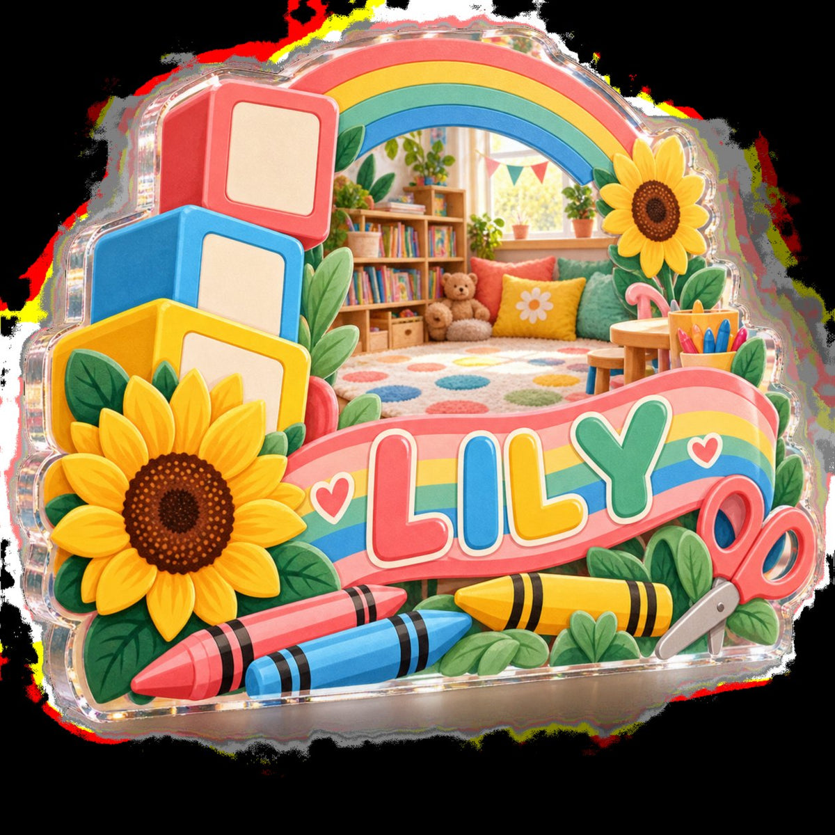 Personalized Kindergarten Teacher Appreciation Gift custom shape acrylic plaque with an example name set into the artwork, digital preview