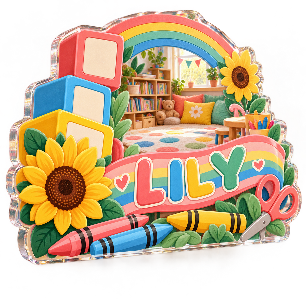 Artwork visualization: Kindergarten teacher — appreciation gift, personalized LILY, subject-shaped acrylic with printed optical 3D depth; not carved relief.