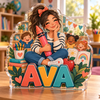 Artwork visualization: Kindergarten teacher — everyday professional humor, personalized AVA, subject-shaped acrylic with printed optical 3D depth; not carved relief.