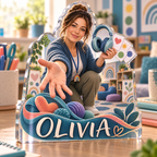 Artwork visualization: Special education teacher — professional desk identity, personalized OLIVIA, subject-shaped acrylic with printed optical 3D depth; not carved relief.