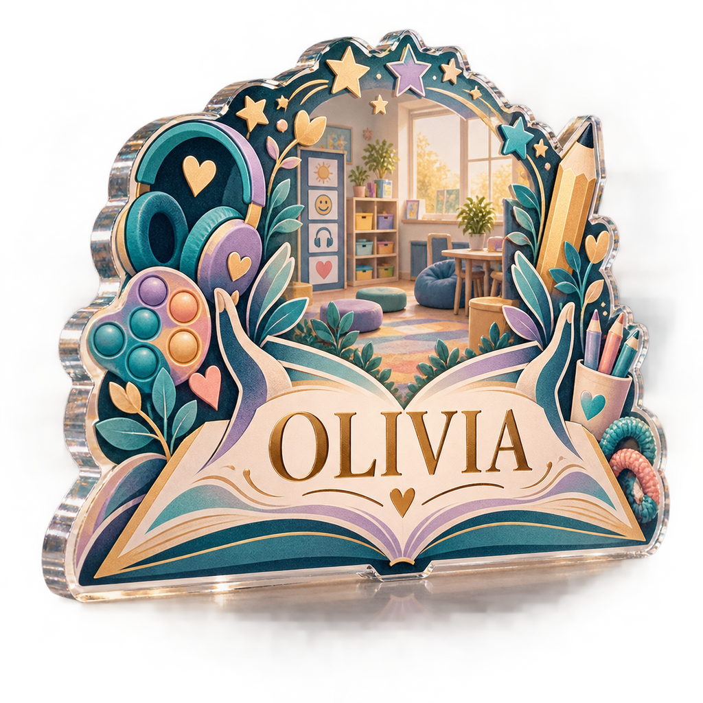 Artwork visualization: Special education teacher — appreciation gift, personalized OLIVIA, subject-shaped acrylic with printed optical 3D depth; not carved relief.