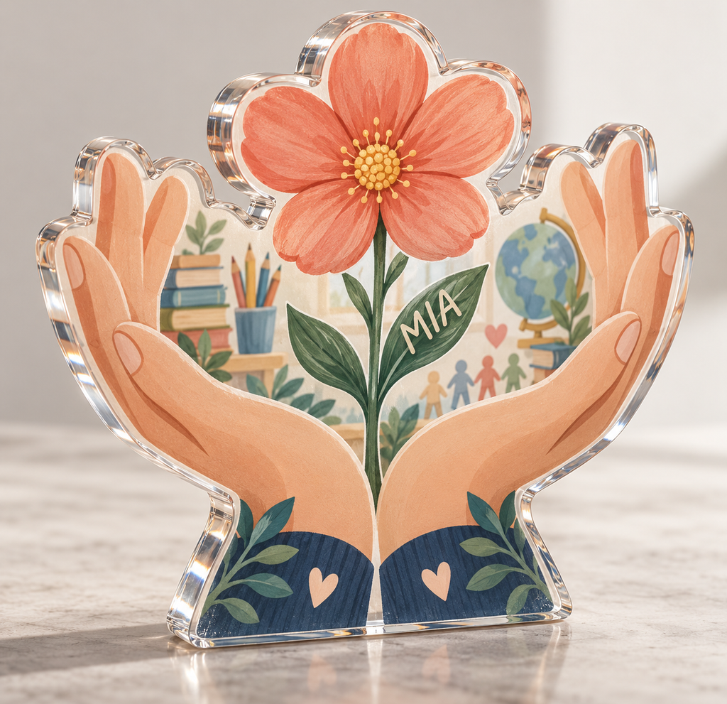 Artwork visualization: Special education teacher — new job celebration, personalized MIA, subject-shaped acrylic with printed optical 3D depth; not carved relief.