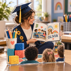 Artwork visualization: Special education teacher — graduation career milestone, personalized OLIVIA, subject-shaped acrylic with printed optical 3D depth; not carved relief.