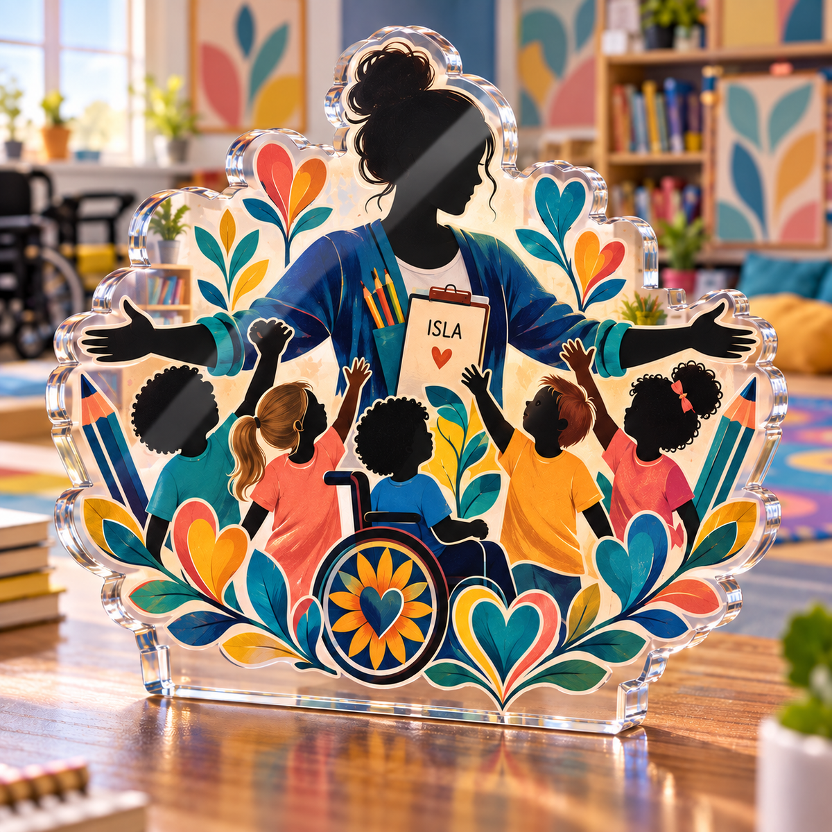 Artwork visualization: Special education teacher — team belonging, personalized ISLA, subject-shaped acrylic with printed optical 3D depth; not carved relief.