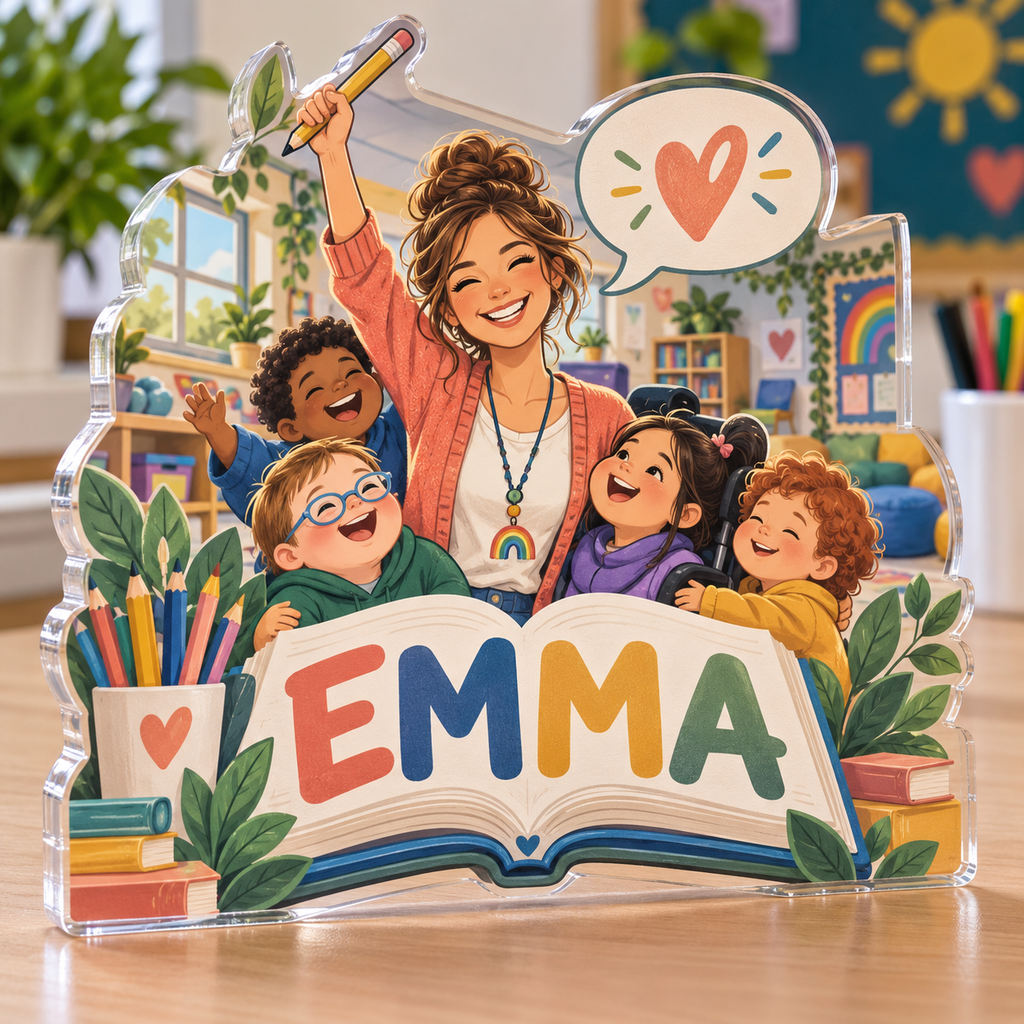 Artwork visualization: Special education teacher — everyday professional humor, personalized EMMA, subject-shaped acrylic with printed optical 3D depth; not carved relief.