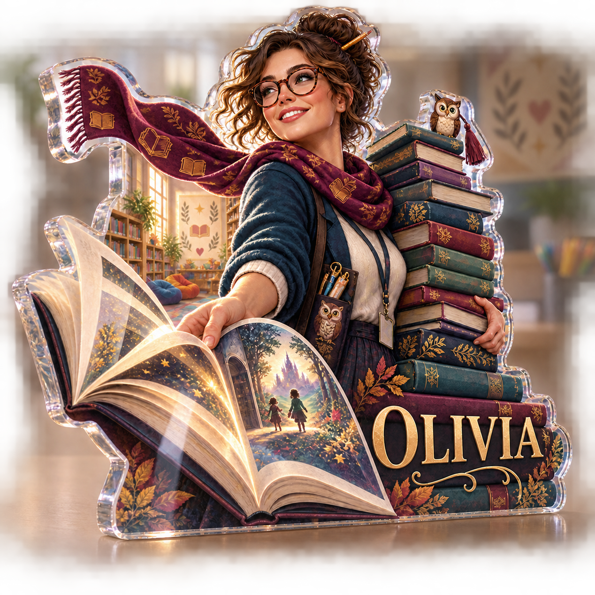 Artwork visualization: School librarian — professional desk identity, personalized OLIVIA, subject-shaped acrylic with printed optical 3D depth; not carved relief.