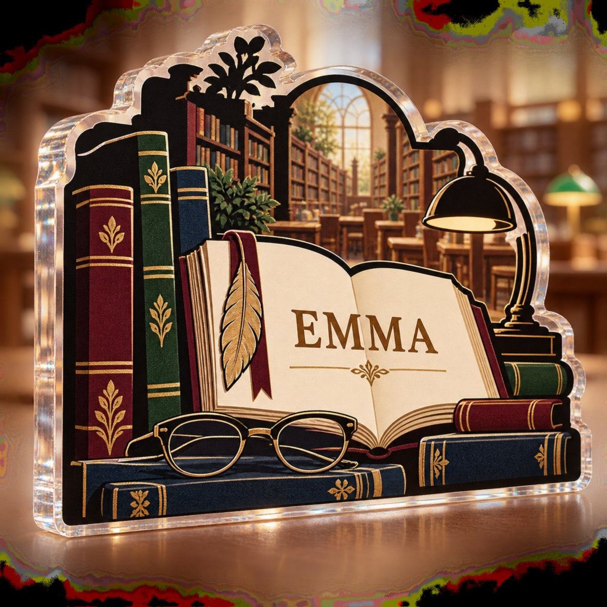 Personalized School Librarian Appreciation Gift custom shape acrylic plaque with an example name set into the artwork, digital preview