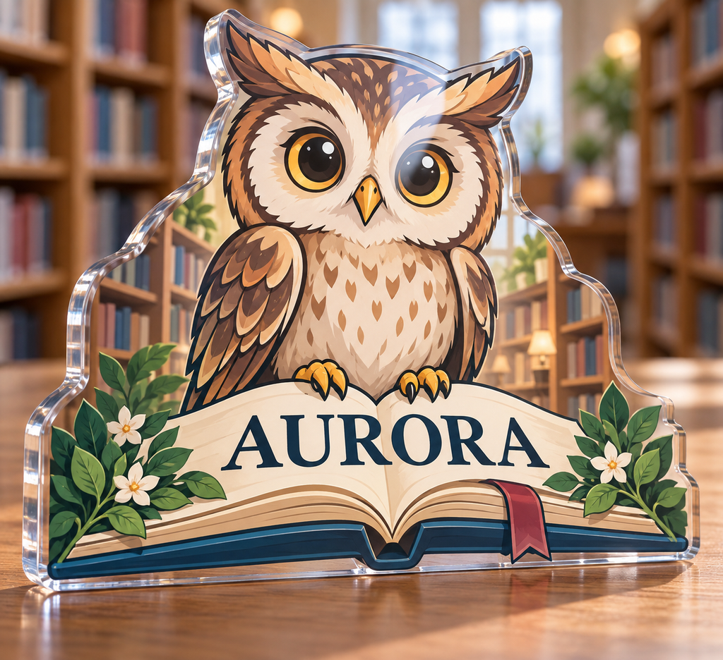 Artwork visualization: School librarian — new job celebration, personalized AURORA, subject-shaped acrylic with printed optical 3D depth; not carved relief.