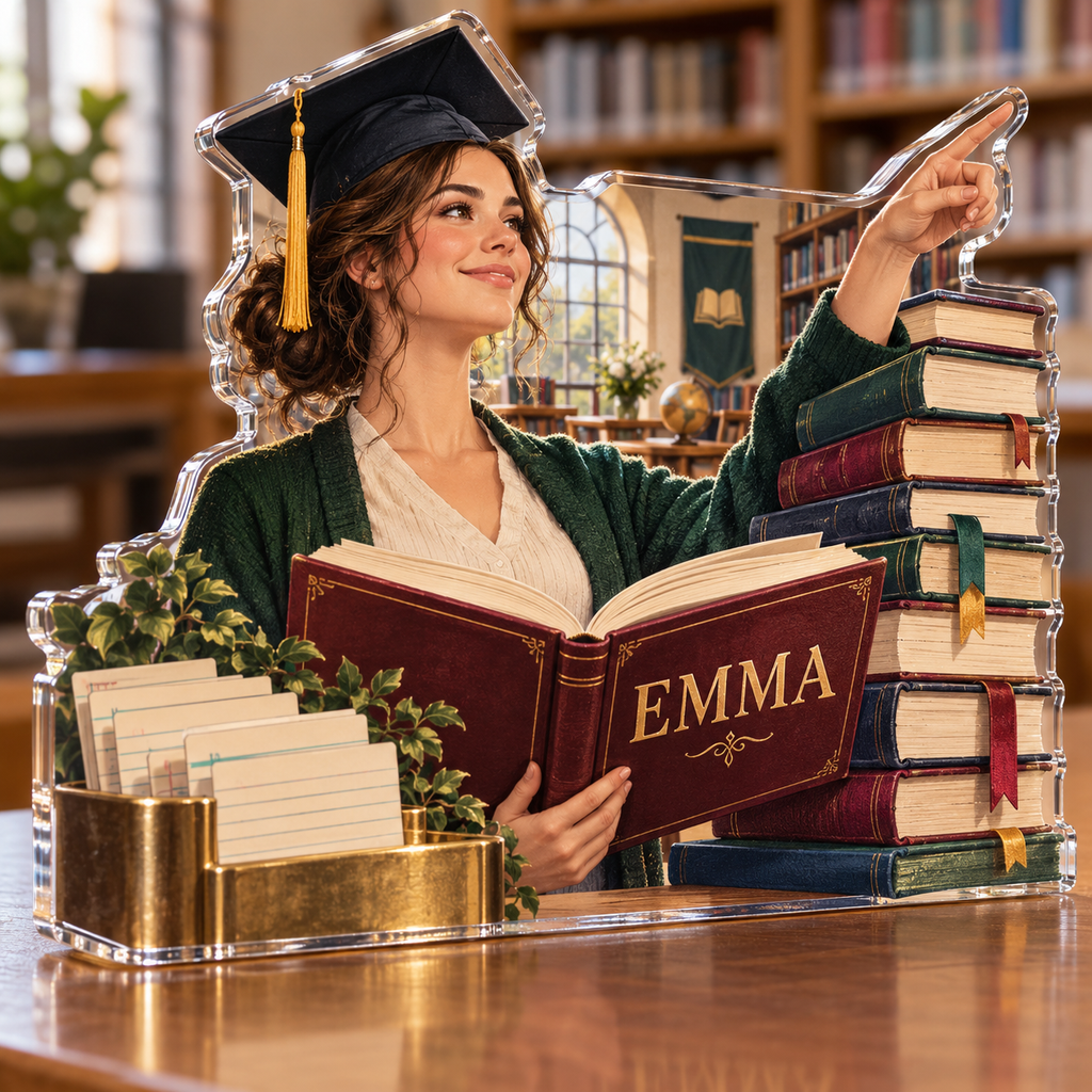 Artwork visualization: School librarian — graduation career milestone, personalized EMMA, subject-shaped acrylic with printed optical 3D depth; not carved relief.