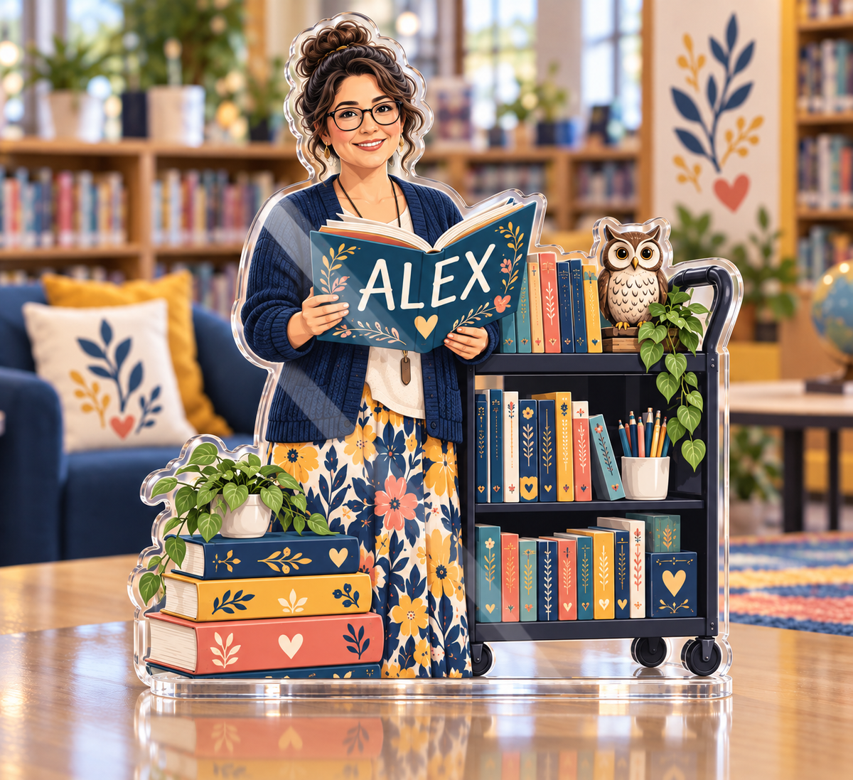 Artwork visualization: School librarian — team belonging, personalized ALEX, subject-shaped acrylic with printed optical 3D depth; not carved relief.