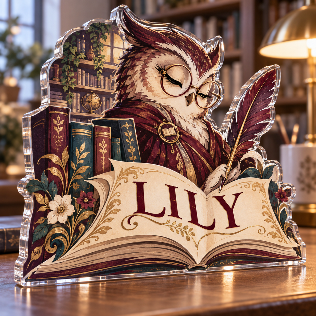 Artwork visualization: School librarian — home studio decoration, personalized LILY, subject-shaped acrylic with printed optical 3D depth; not carved relief.