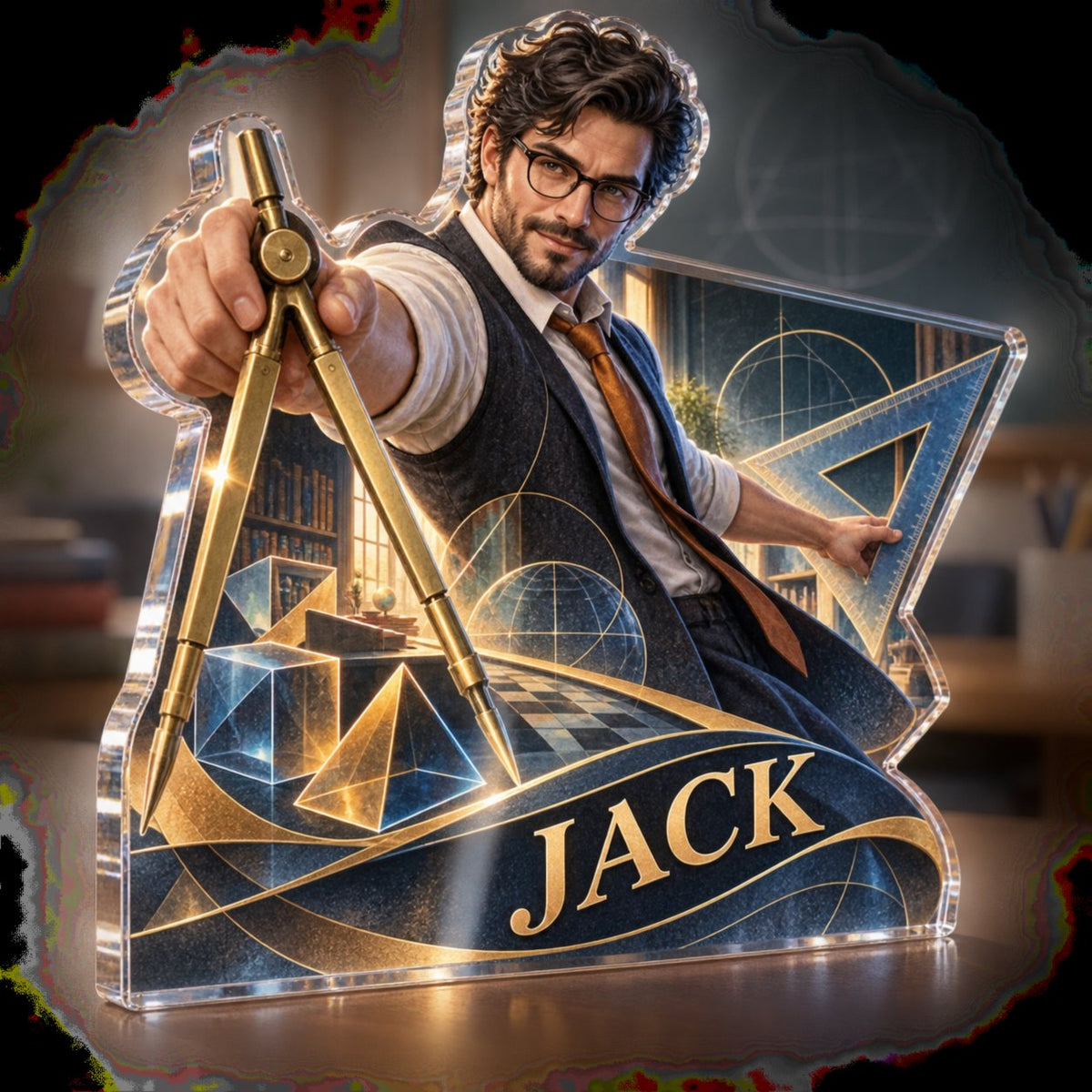 Personalized Math Teacher Professional Desk Identity custom shape acrylic plaque with an example name set into the artwork, digital preview