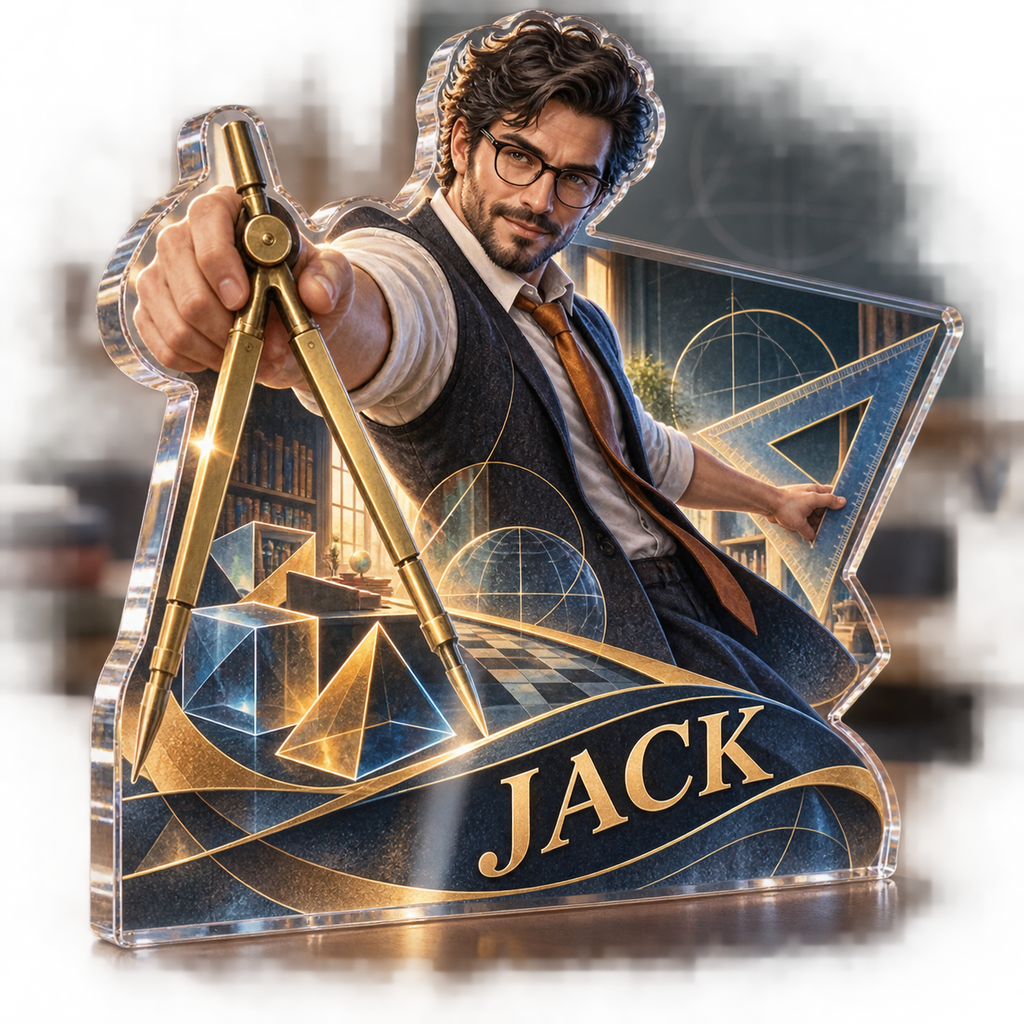 Artwork visualization: Math teacher — professional desk identity, personalized JACK, subject-shaped acrylic with printed optical 3D depth; not carved relief.