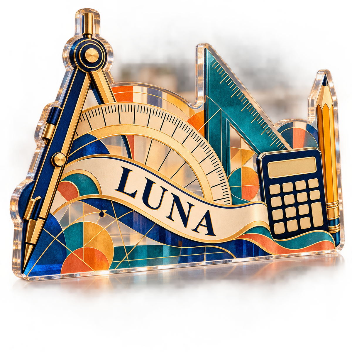 Artwork visualization: Math teacher — appreciation gift, personalized LUNA, subject-shaped acrylic with printed optical 3D depth; not carved relief.