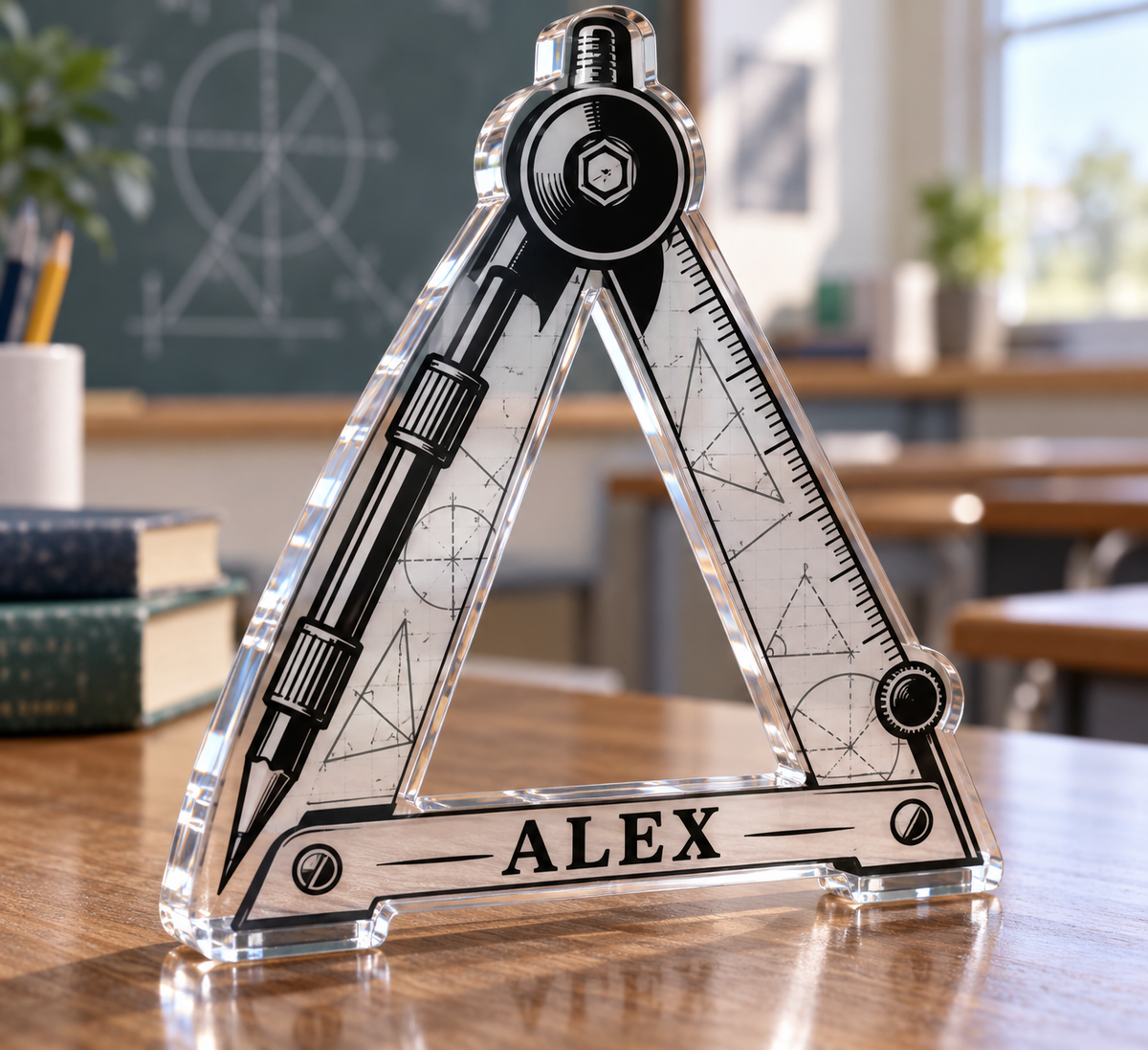 Artwork visualization: Math teacher — new job celebration, personalized ALEX, subject-shaped acrylic with printed optical 3D depth; not carved relief.
