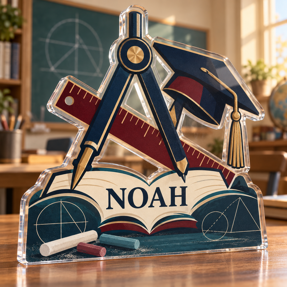Artwork visualization: Math teacher — graduation career milestone, personalized NOAH, subject-shaped acrylic with printed optical 3D depth; not carved relief.