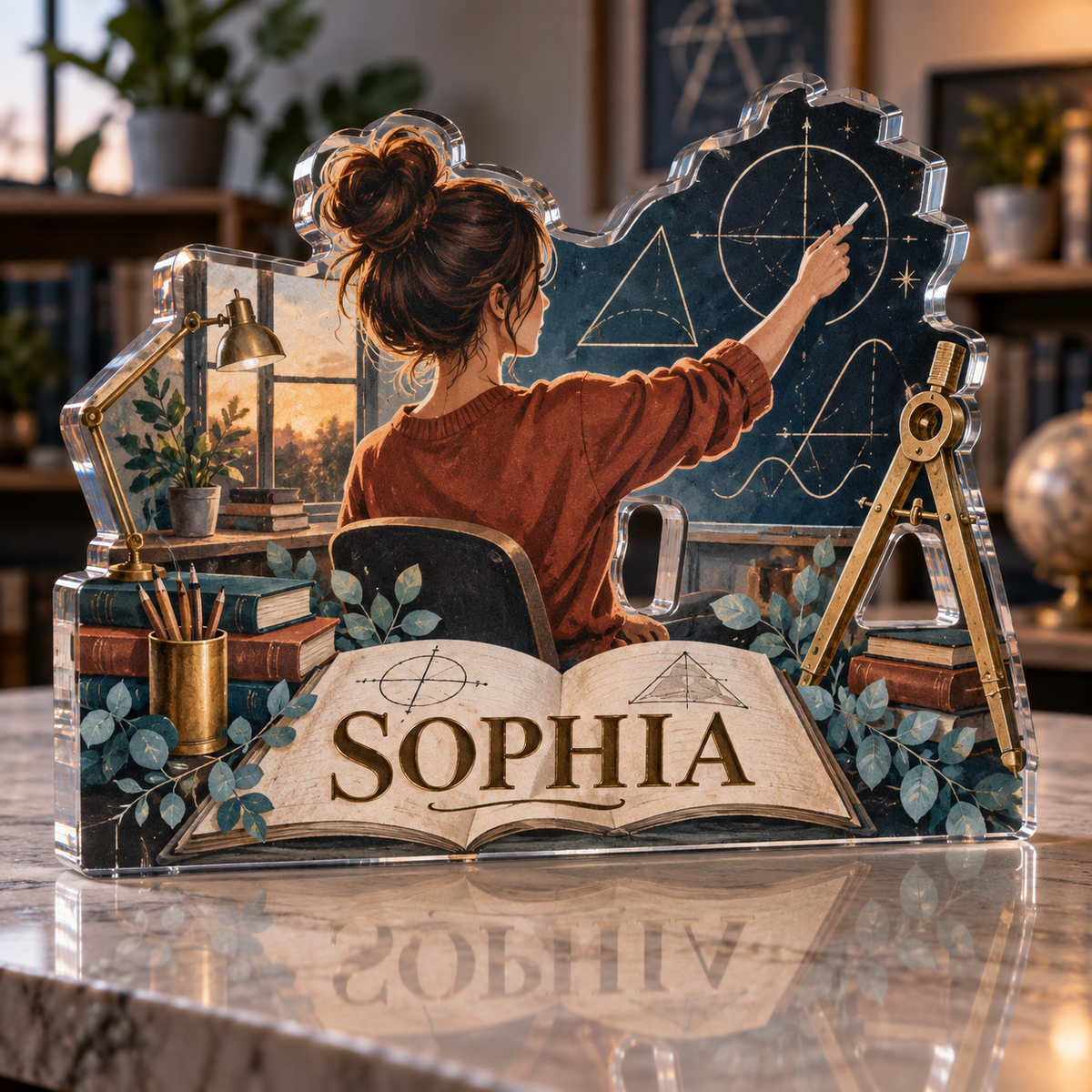 Artwork visualization: Math teacher — home studio decoration, personalized SOPHIA, subject-shaped acrylic with printed optical 3D depth; not carved relief.