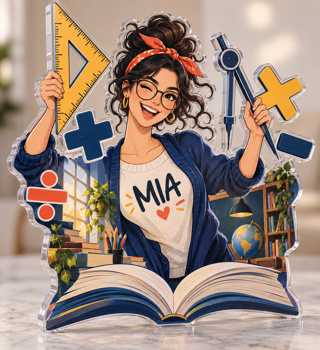Artwork visualization: Math teacher — everyday professional humor, personalized MIA, subject-shaped acrylic with printed optical 3D depth; not carved relief.