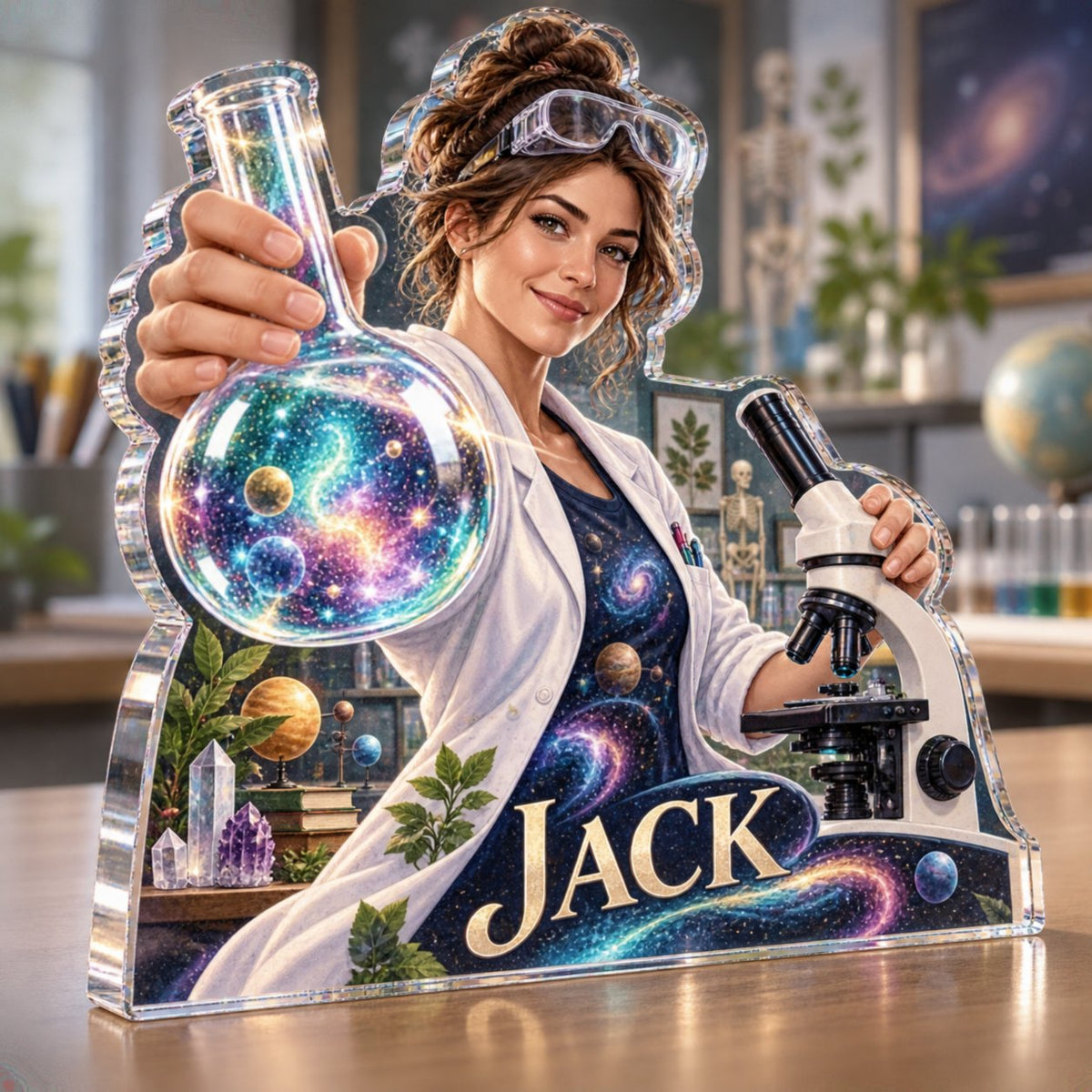 Personalized Science Teacher Professional Desk Identity custom shape acrylic plaque with an example name set into the artwork, digital preview