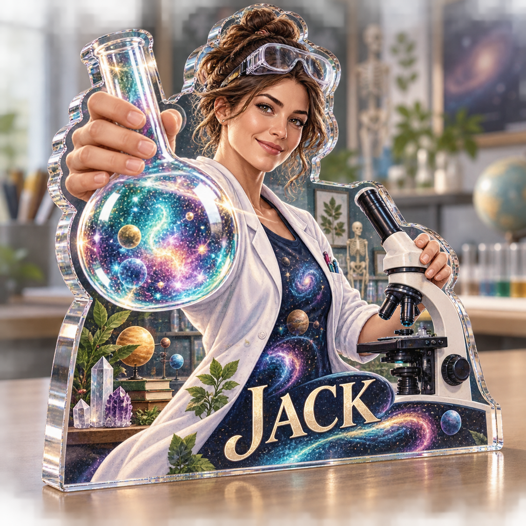 Artwork visualization: Science teacher — professional desk identity, personalized JACK, subject-shaped acrylic with printed optical 3D depth; not carved relief.