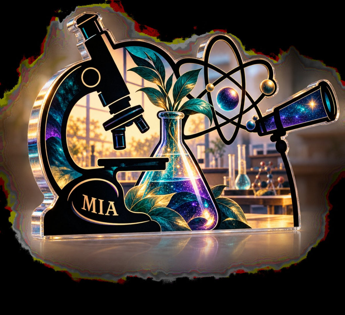 Personalized Science Teacher Appreciation Gift custom shape acrylic plaque with an example name set into the artwork, digital preview