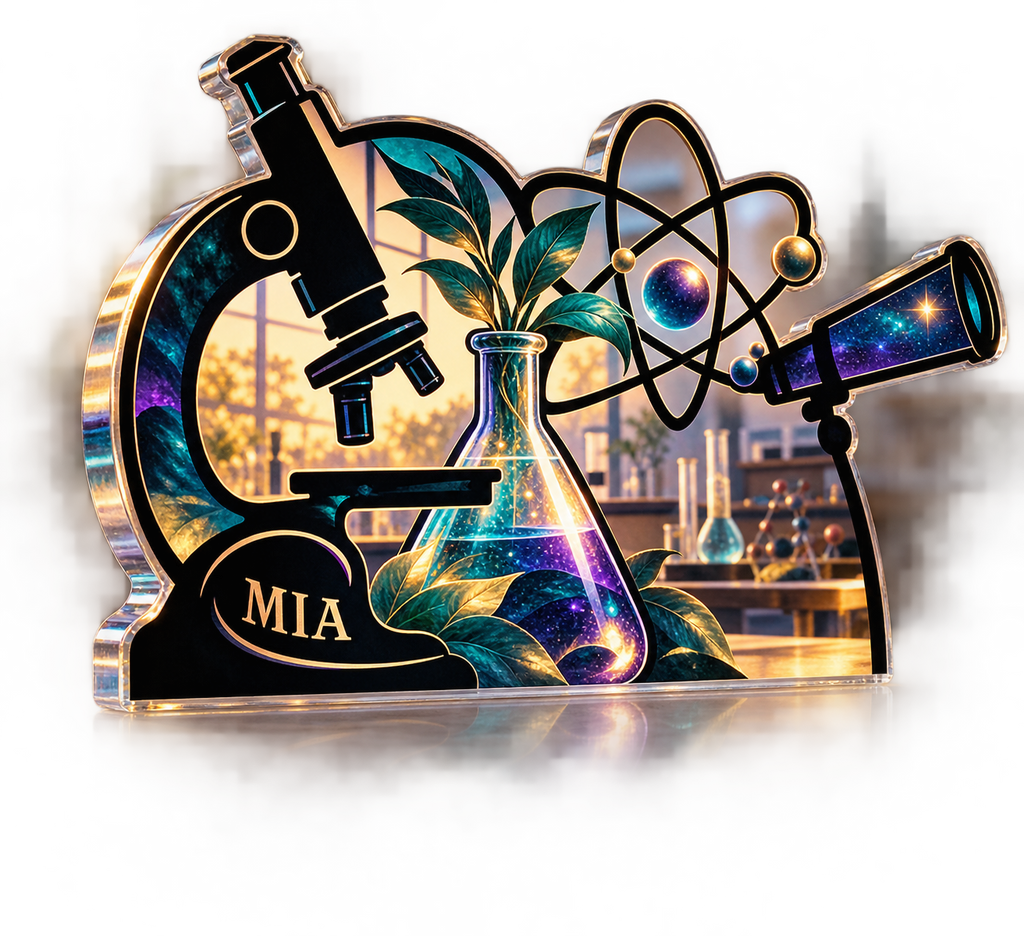 Artwork visualization: Science teacher — appreciation gift, personalized MIA, subject-shaped acrylic with printed optical 3D depth; not carved relief.